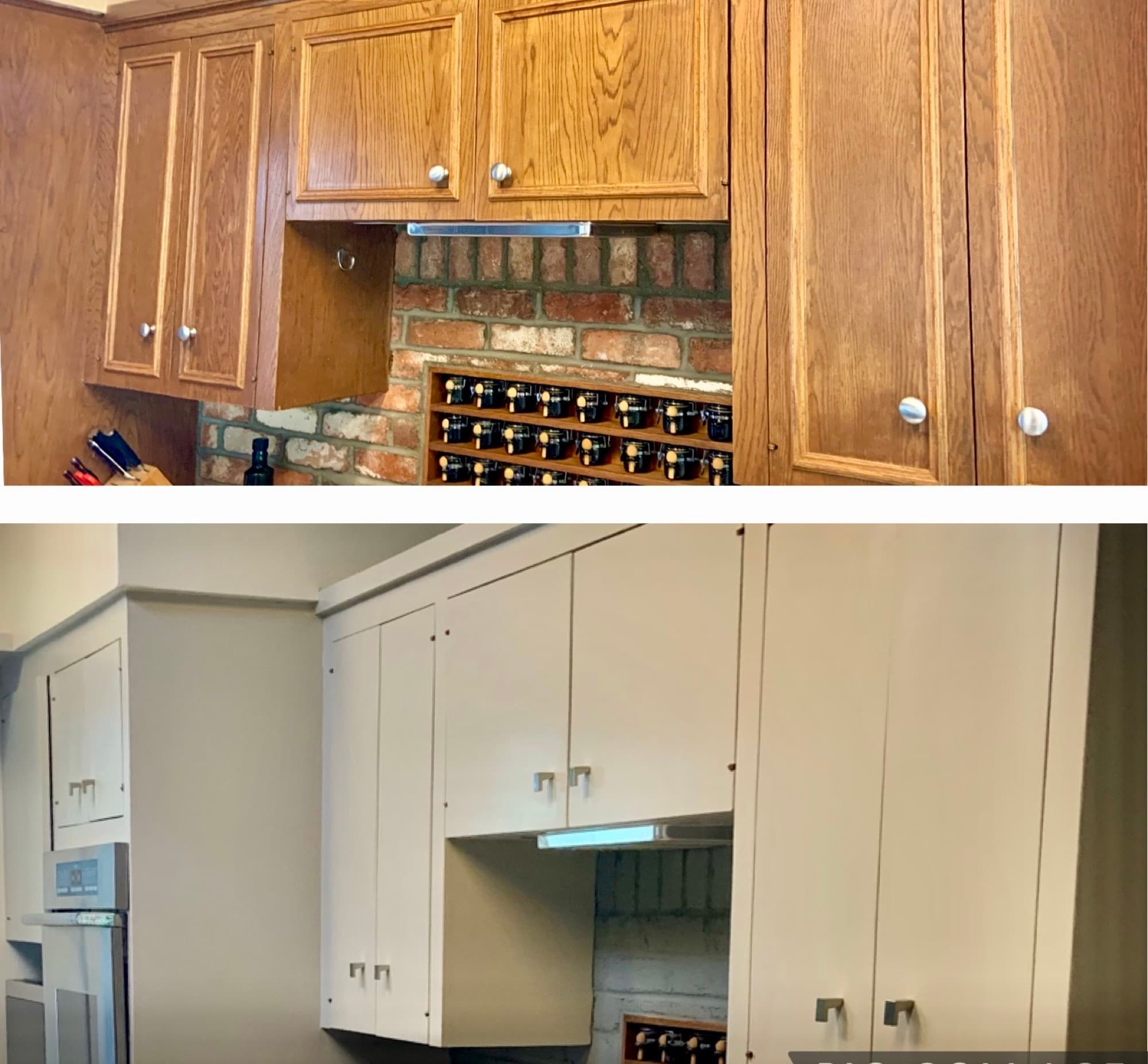 Oak cabinets refinished in a hard, even factory-smooth coating, shown before and after.