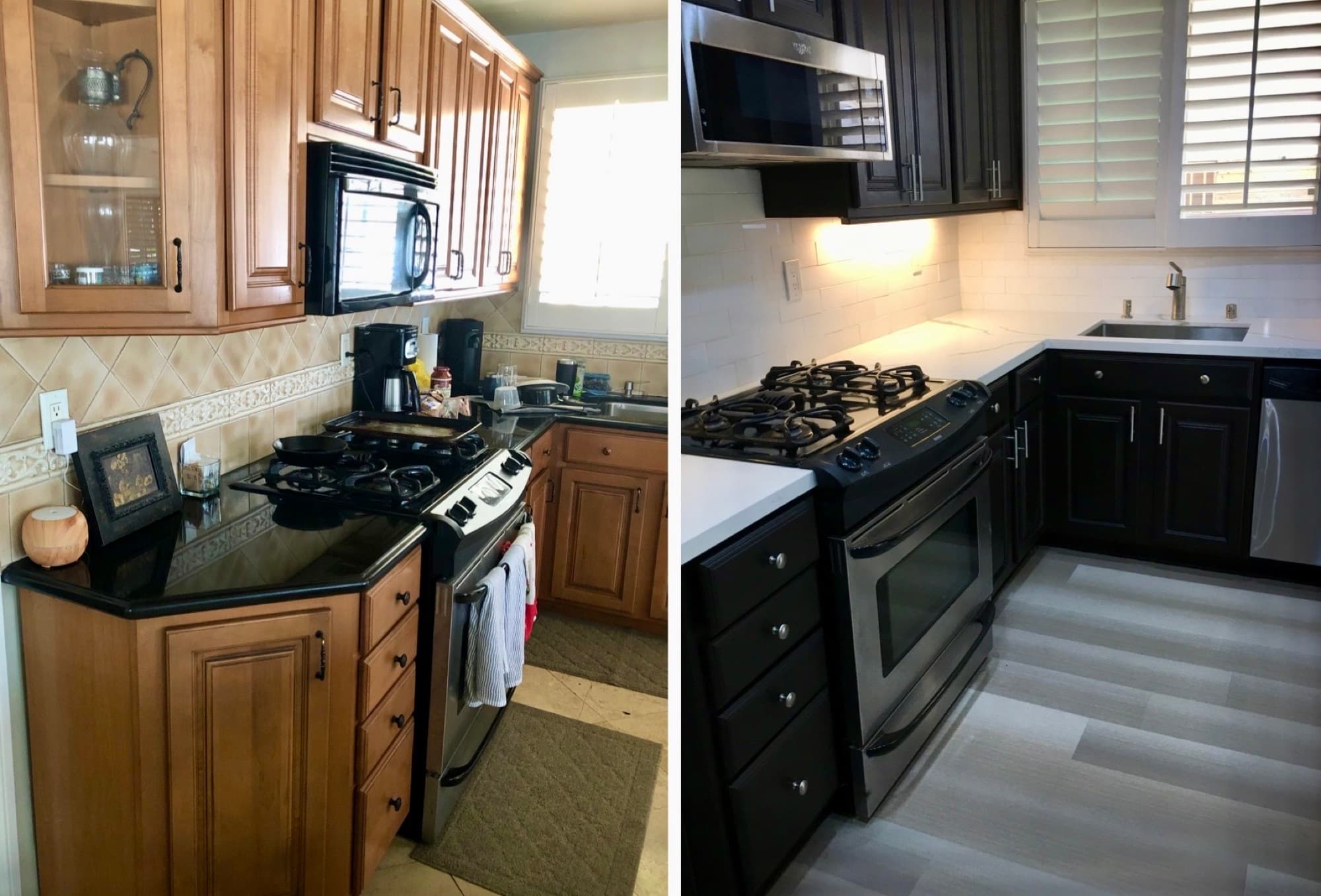 Dated oak kitchen cabinets before refinishing.